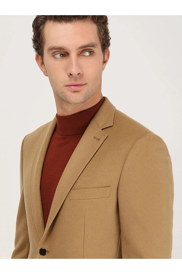 Deve Tüyü Düz Modern Fit Yün Karışımlı Ceket - 3