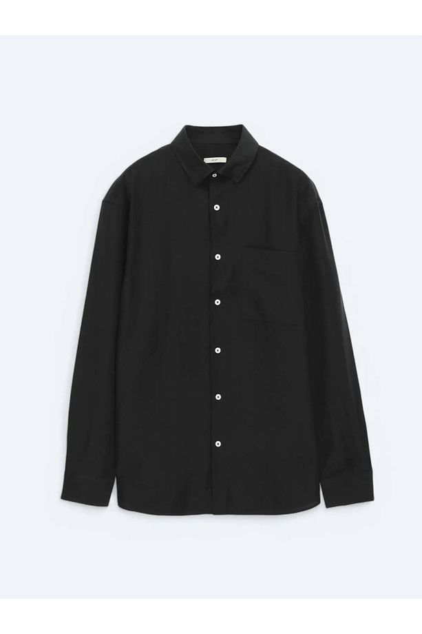 Siyah Düz Oversize Fit Dokuma Casual Gömlek - 5