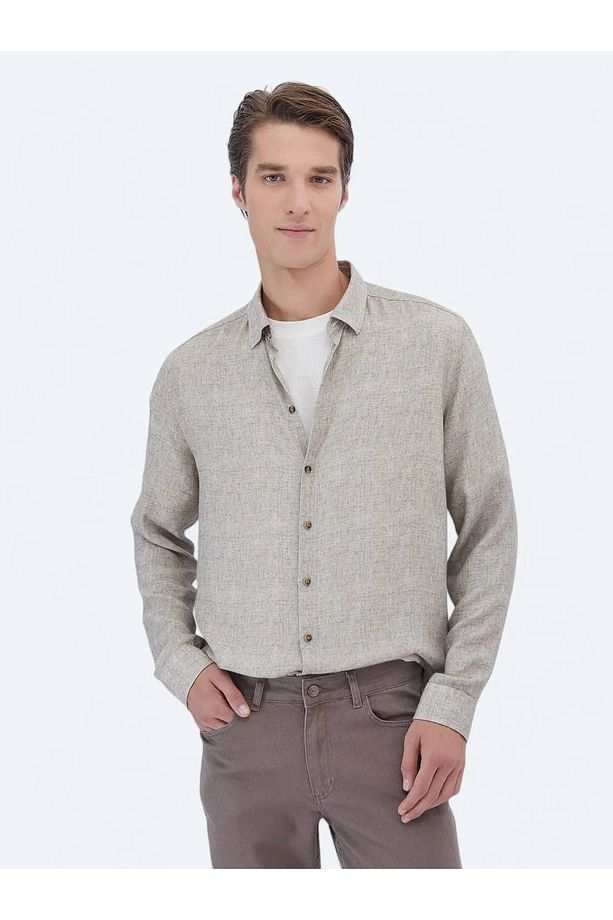 Bej Baskılı Regular Fit Dokuma Casual Gömlek - 1