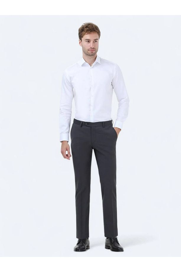 Antrasit Düz Dokuma Fitted Fit Klasik Yün Karışımlı Pantolon - 2