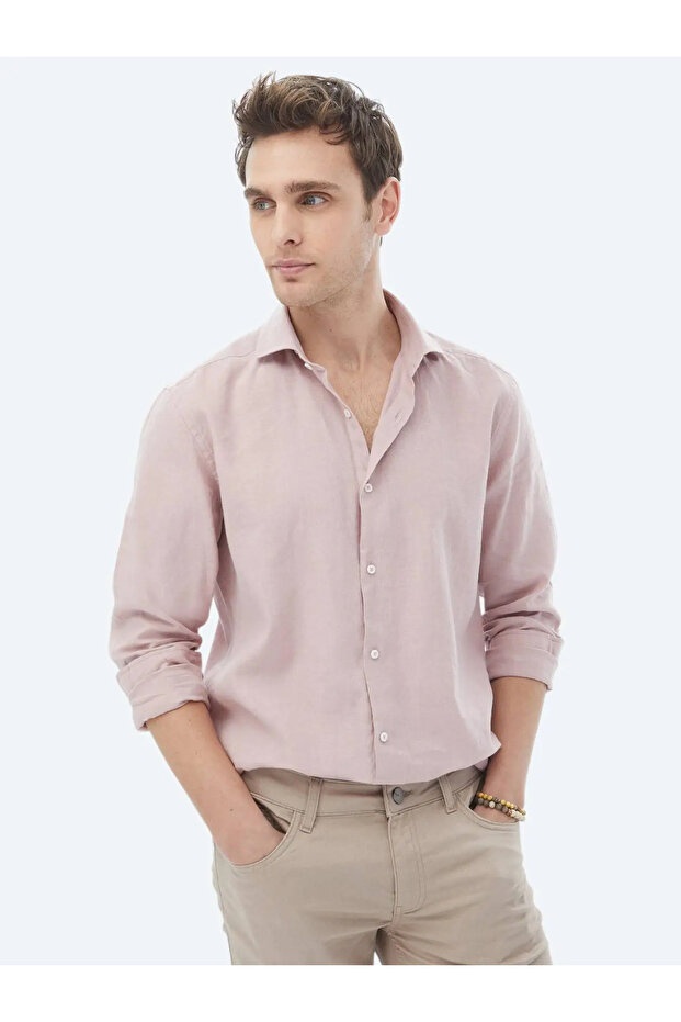 Pembe Düz Regular Fit Dokuma Casual Pamuk Karışımlı Gömlek - 4