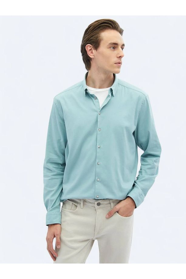 Mint Düz Regular Fit Dokuma Casual Pamuk Karışımlı Gömlek - 4