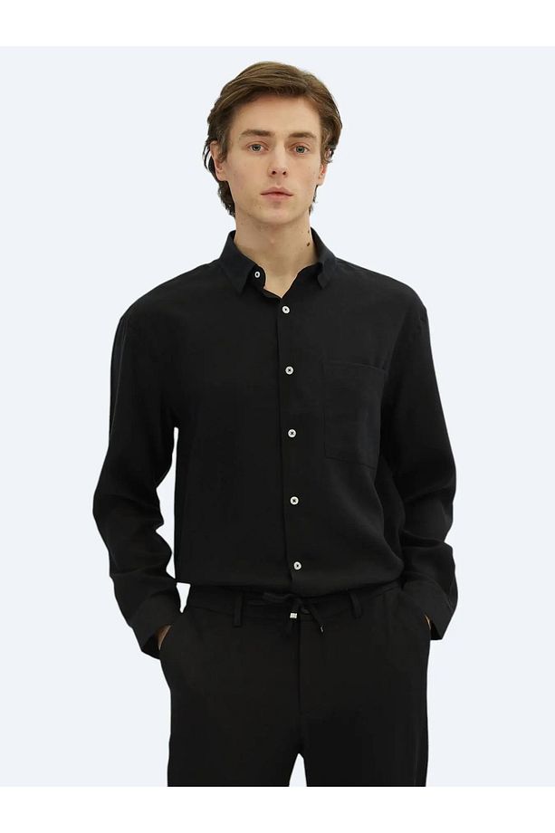 Siyah Düz Oversize Fit Dokuma Casual Gömlek - 1