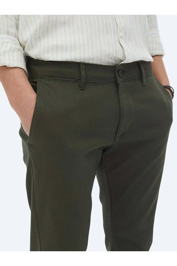 Haki Düz Dokuma Regular Fit Casual Pamuk Karışımlı Pantolon - 4