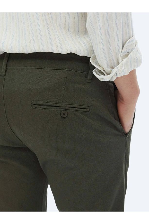 Haki Düz Dokuma Regular Fit Casual Pamuk Karışımlı Pantolon - 5