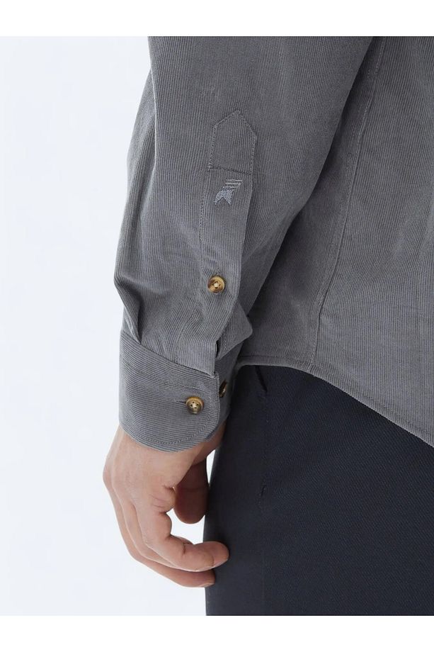 Gri Fitilli Regular Fit Dokuma Kadife Casual %100 Pamuk Gömlek - 5