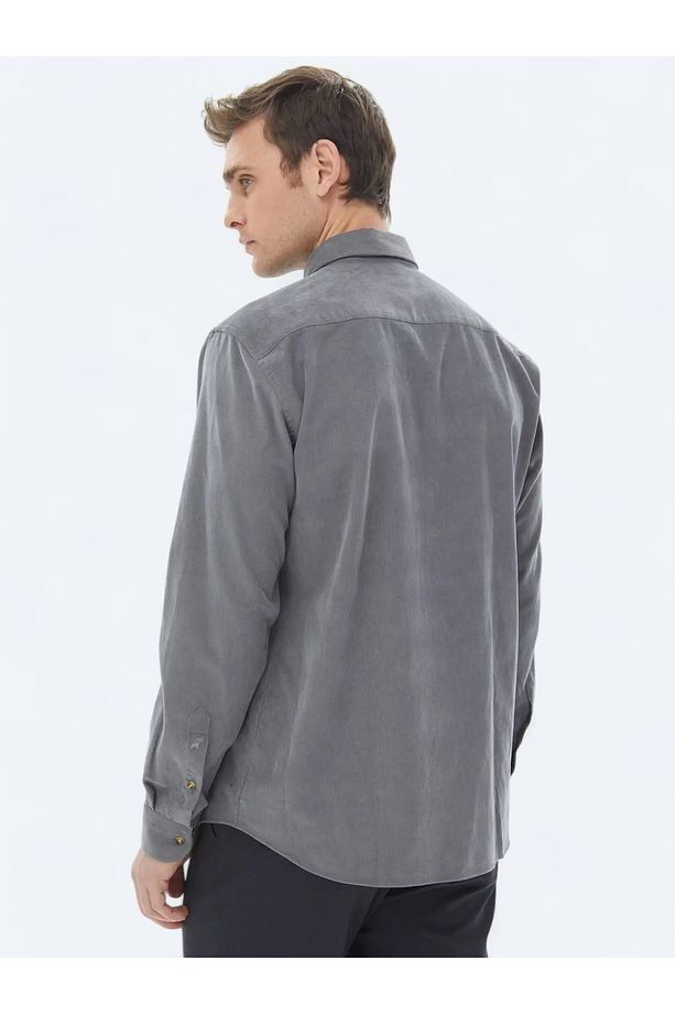 Gri Fitilli Regular Fit Dokuma Kadife Casual %100 Pamuk Gömlek - 6