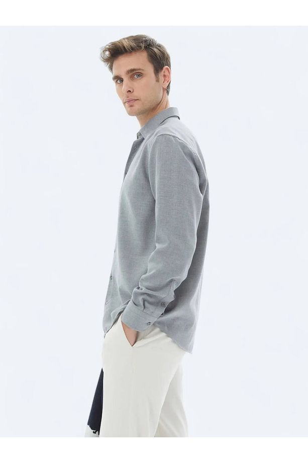 Gri Düz Regular Fit Dokuma Casual Pamuk Karışımlı Gömlek - 4