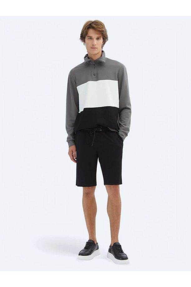 Siyah Düz Örme Jogging Fit Spor Bermuda - 1