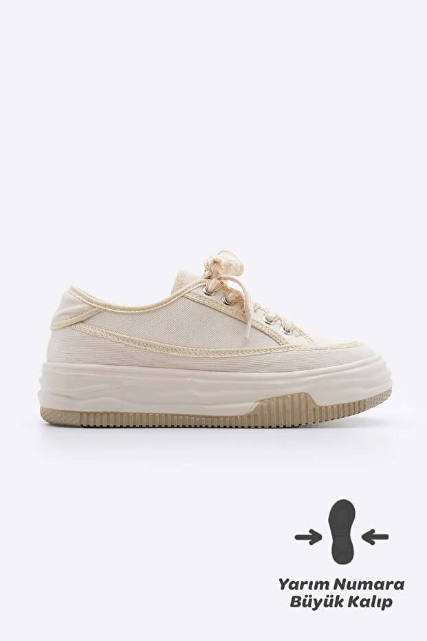 Damskie trampki z wysoką podeszwą i sznurowaniem, sportowe buty z lnu Kotnel EKRU - 3