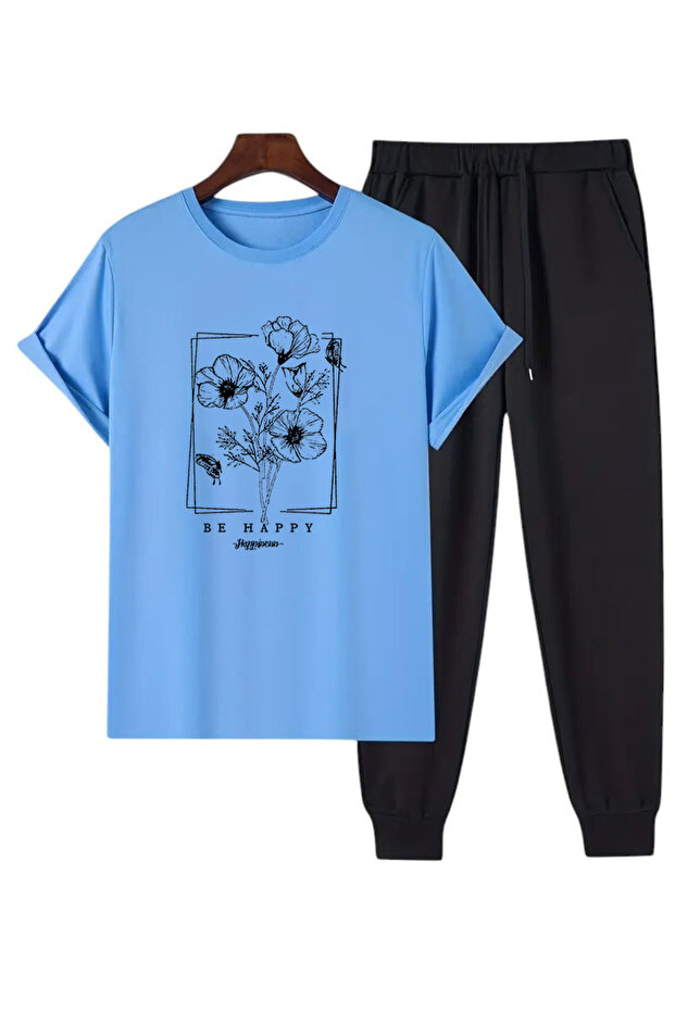 Unisex Be Happy Design Printed Tshirt Tracksuit Set
