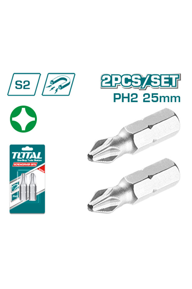 طقم لقمة راس مفك Ph2 50mm 2pcs/set كروم قصير