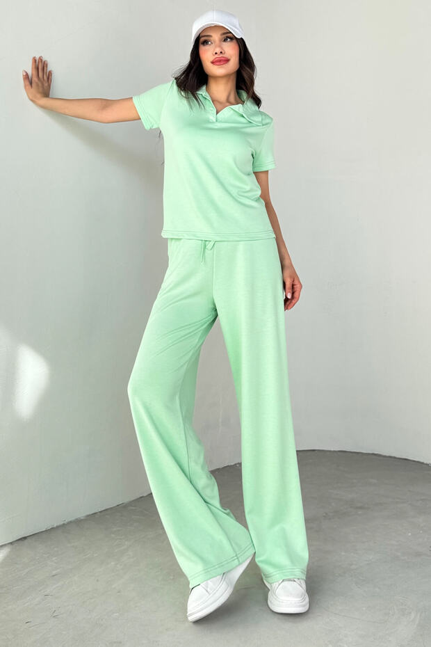 Tkm-03690 Mint Green Polo Collar Blouse Loose Trousers Double Set