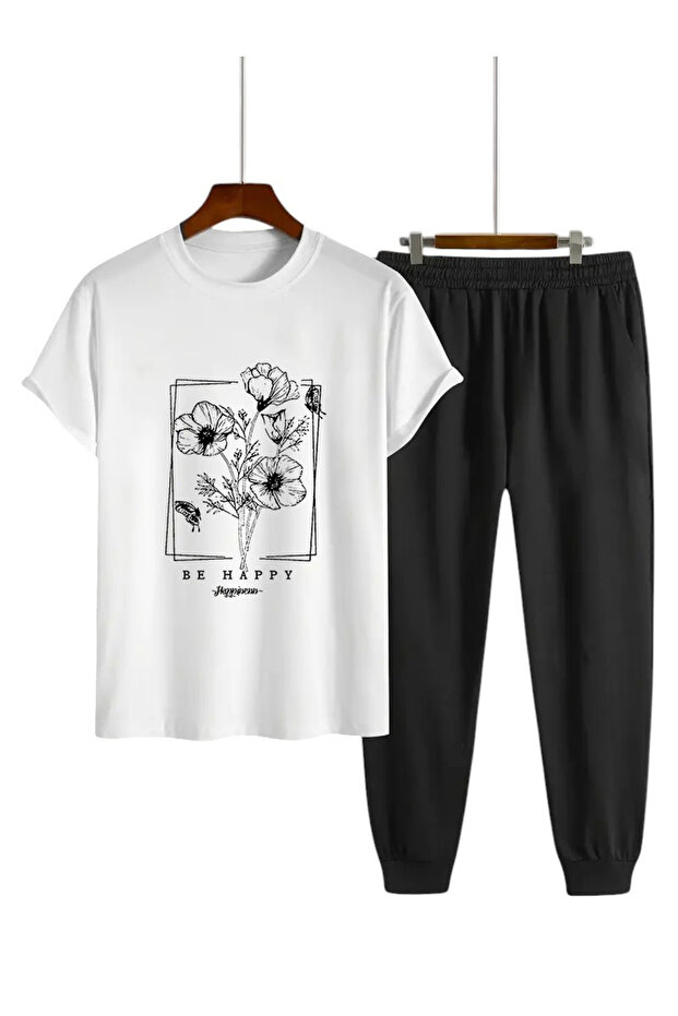 Unisex Be Happy Design Printed Tshirt Tracksuit Set