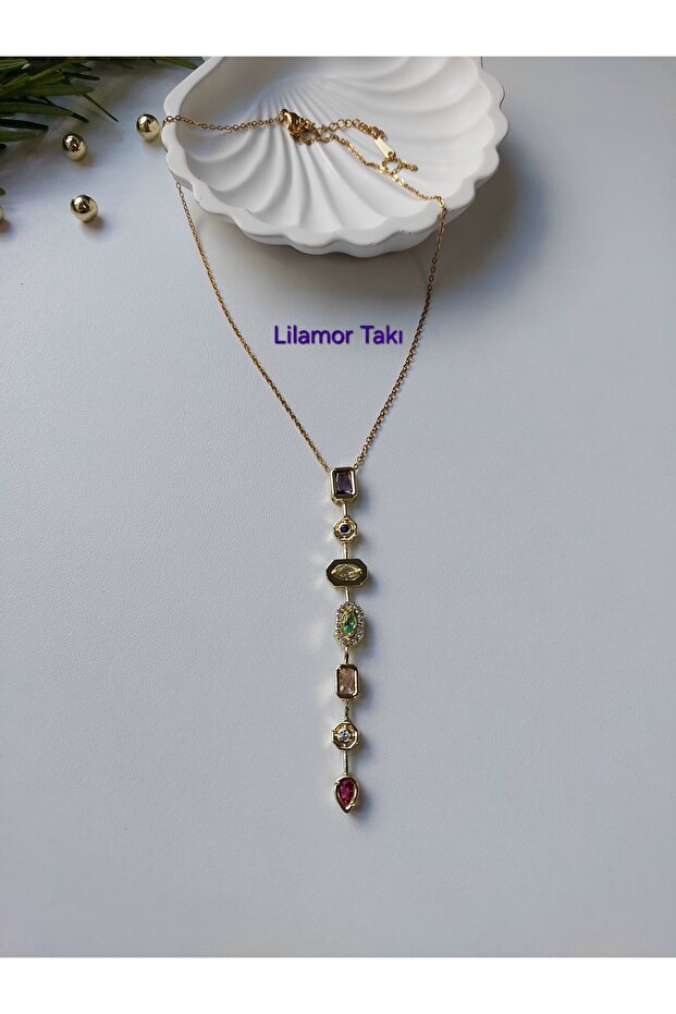 Steel Color Stone Y Necklace