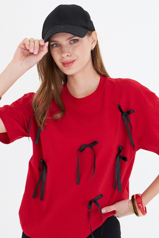Ribbon-Designed Oversized 100% Cotton Women's T-Shirt