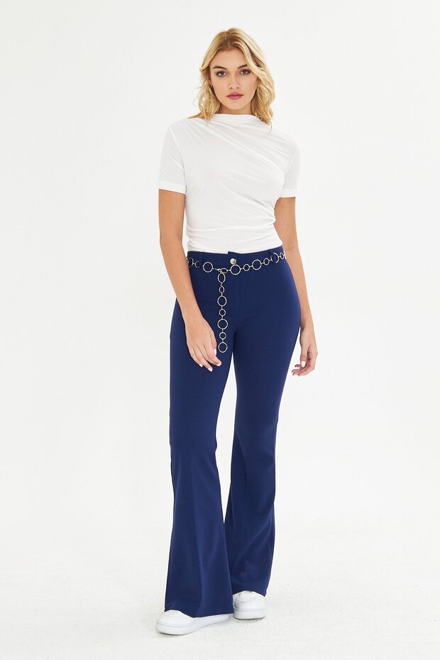 Navy Blue Flare Metal Ring Belted Fabric Trousers