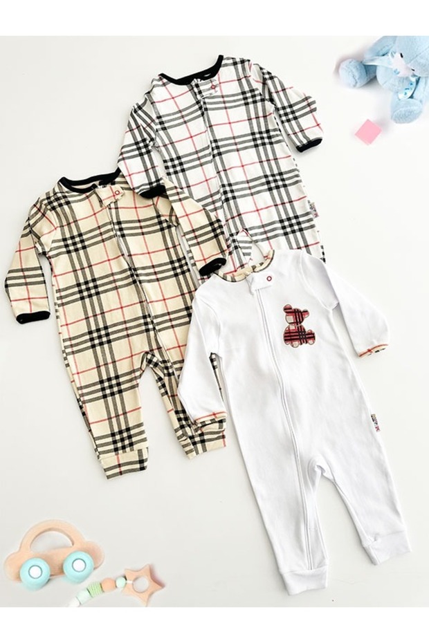 Unisex Checkered Baby Patterned Zippered 3-Piece Jumpsuit 9-12-18 Months 3-Piece Cotton 3 Pieces