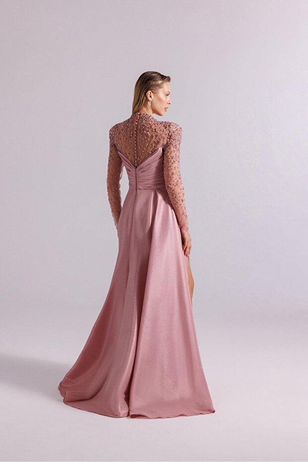 KOLLARI VE OMUZU TRANSPARAN TAŞLI ABİYE ELBİSE - 2