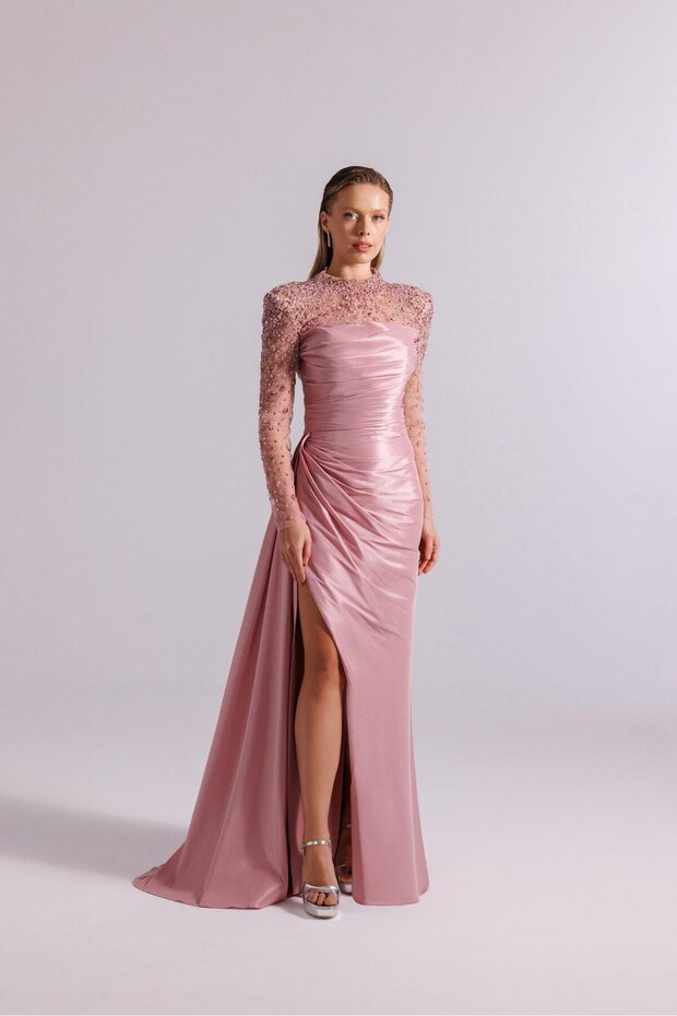 KOLLARI VE OMUZU TRANSPARAN TAŞLI ABİYE ELBİSE - 3