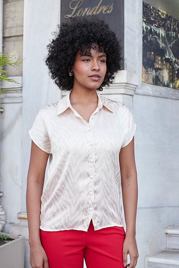 Women's Collared Off-Shoulder Short Sleeve Satin Lycra-Free Stylish Fabric Shirt-Beige