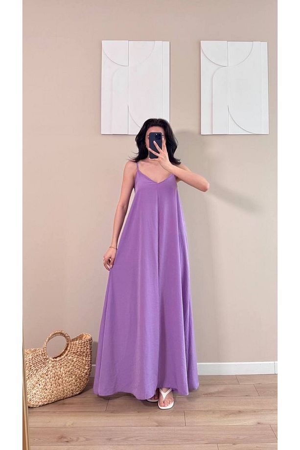 Lila Askılı Modal Kumaş Maxi Elbise - 1