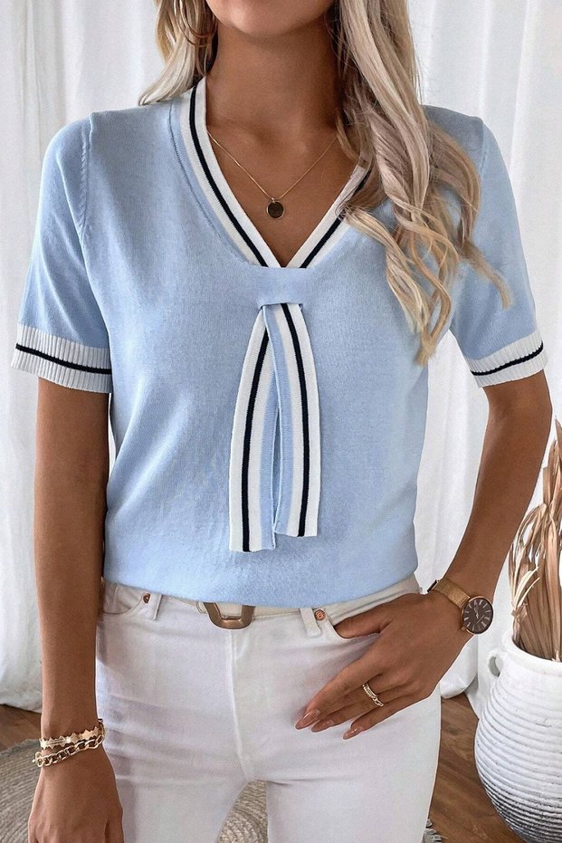 Women's College Style Line Striped V-Neck Polo Style Baby Blue Blouse