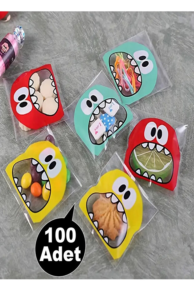Canavar Desenli Bantlı Şeffaf Poşet Hediyelik Kendinden Yapışkanlı Jelatin 10x15cm 100 Adet - 1