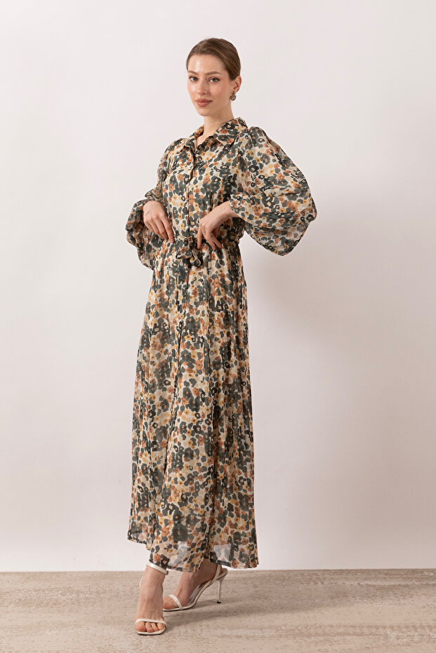 Perla Boydan Düğmeli Elbise Yeşil - 3