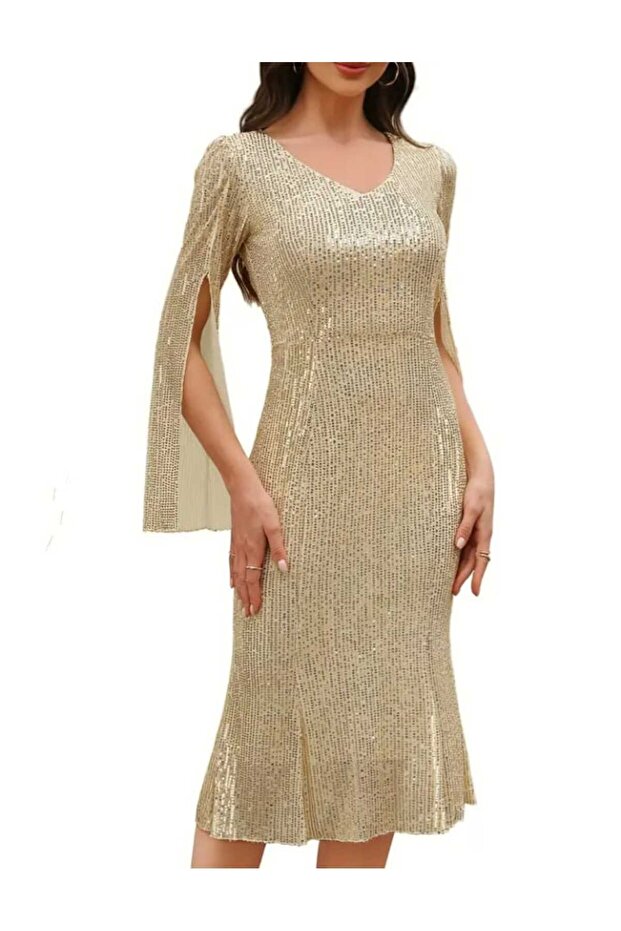 V YAKA PULPAYET MİDİ ELBİSE - 2