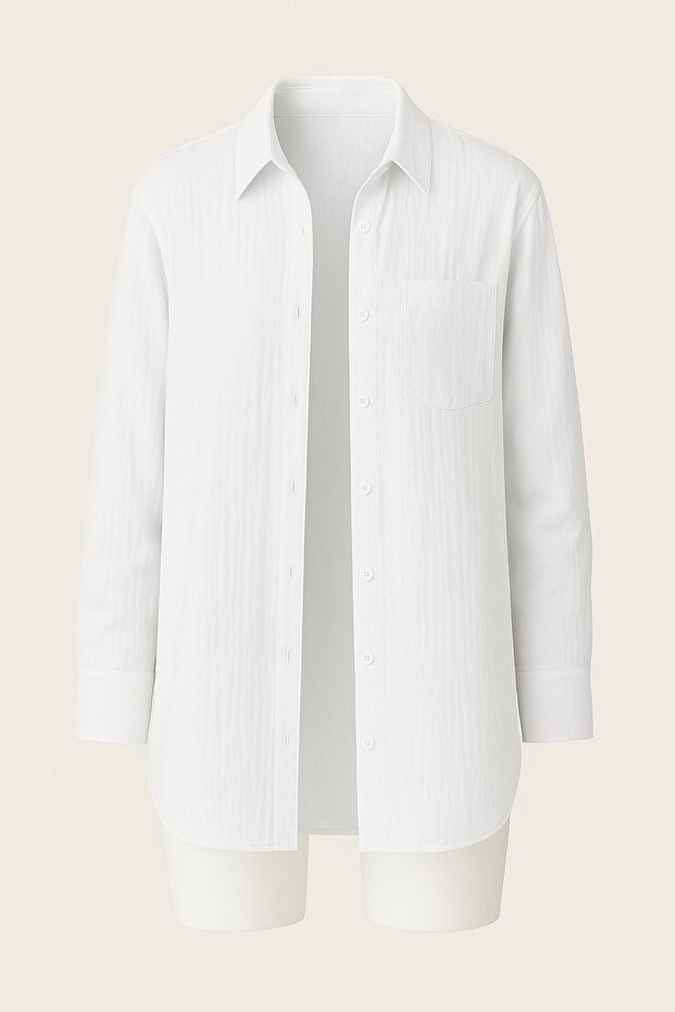 Oversize Basic Düğmeli Müslin Gömlek - 2