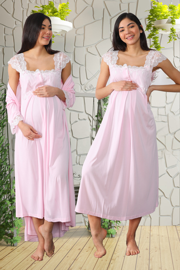 Pink Lace Maternity Nightgown and Long Dressing Gown Set