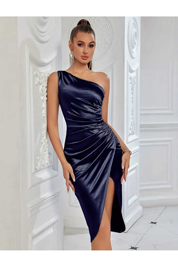 TEK OMUZ YIRTMAÇLI MİNİ SATEN ELBİSESİ - 4