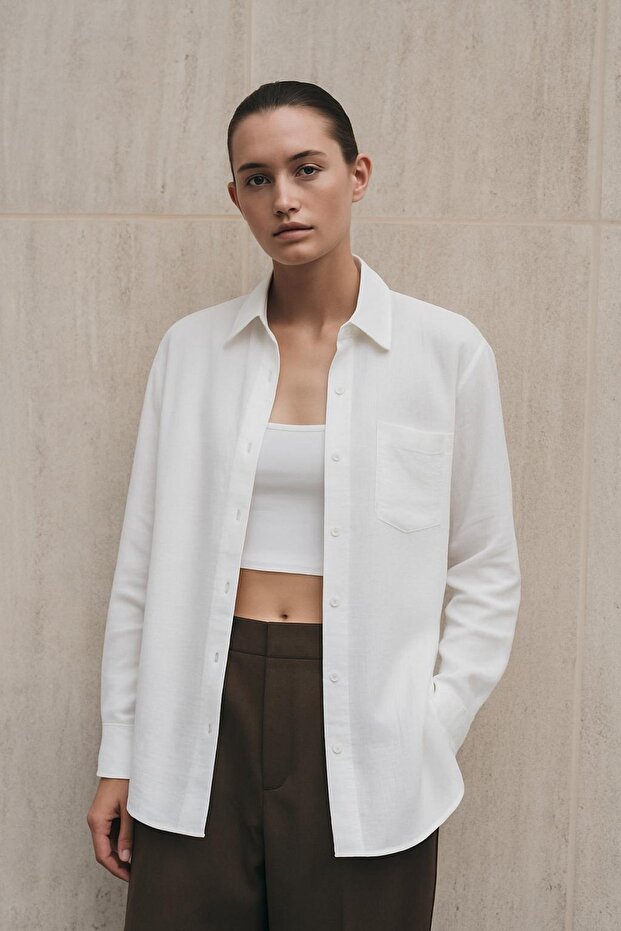 Oversize Basic Düğmeli Müslin Gömlek - 1