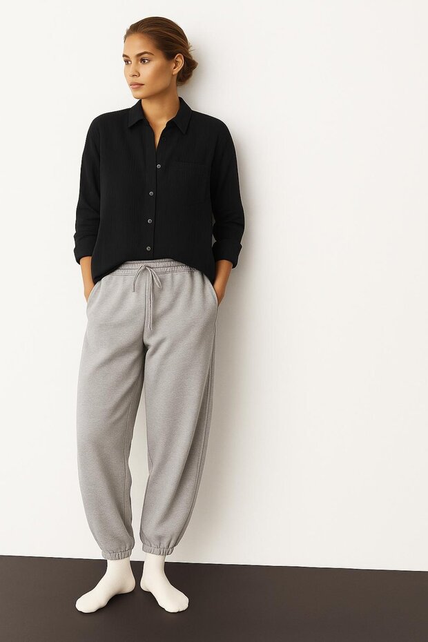 Oversize Basic Düğmeli Müslin Gömlek - 1