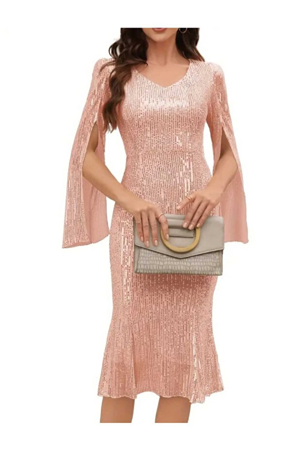 V YAKA PULPAYET MİDİ ELBİSE - 4