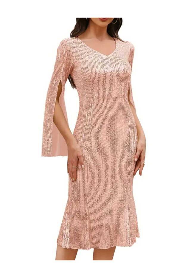 V YAKA PULPAYET MİDİ ELBİSE - 2