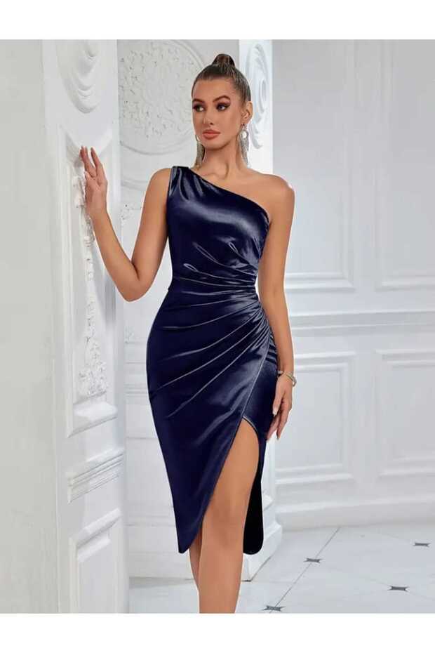 TEK OMUZ YIRTMAÇLI MİNİ SATEN ELBİSESİ - 1