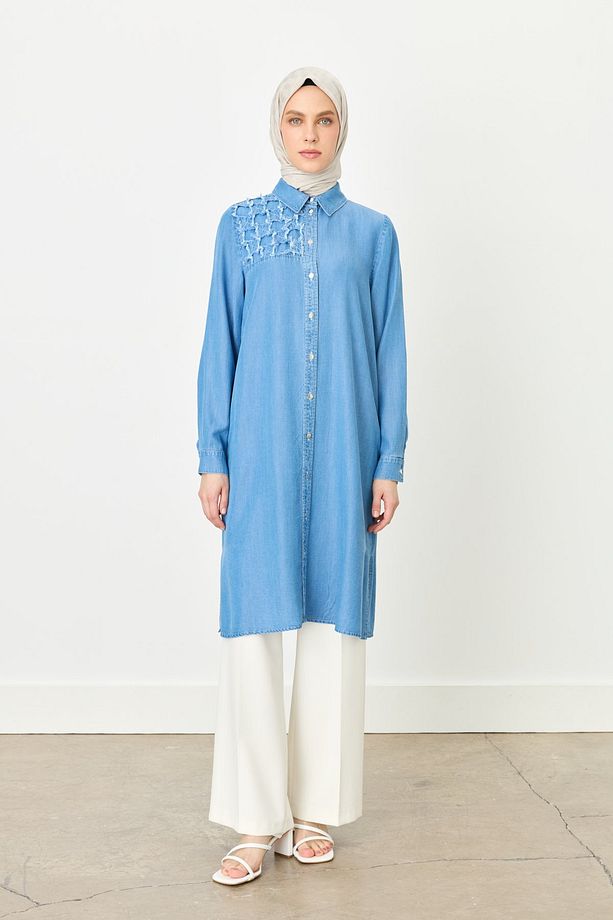 Püskül Detaylı T.E.N.C.E.L Tunik Buz - 1