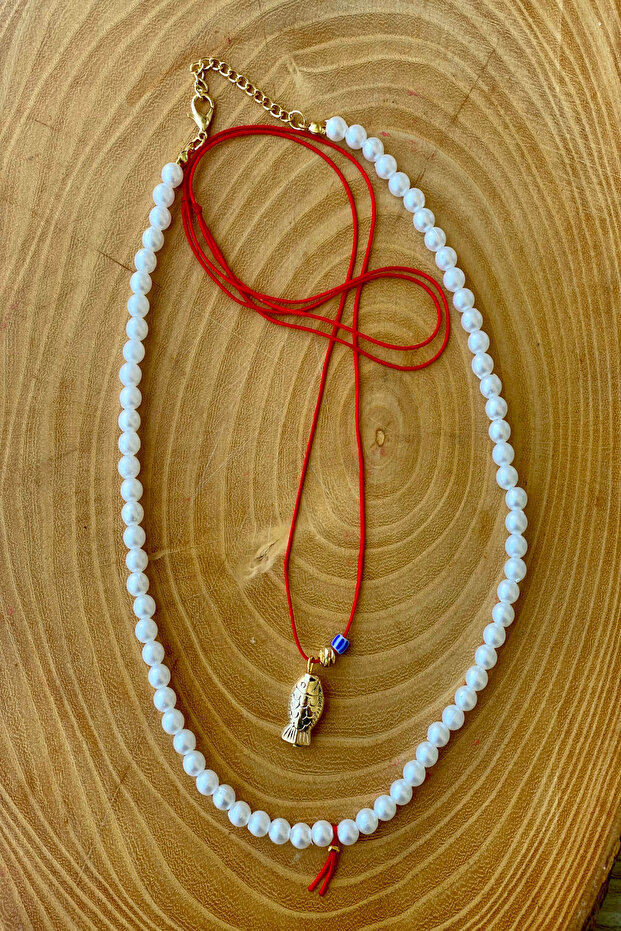 2Pcs Pearl Fish Figured Red String Necklace