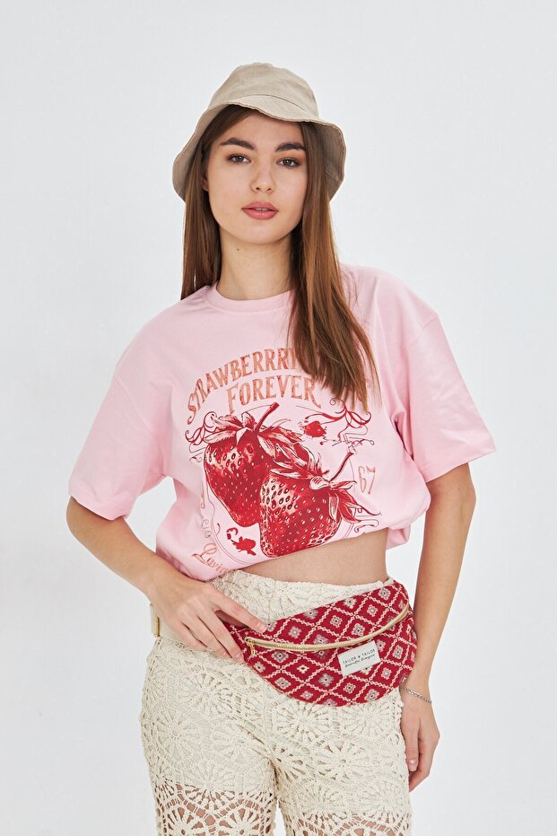 Strawberry Fields Forever Printed 100% Cotton Women Oversized Pink T-Shirt