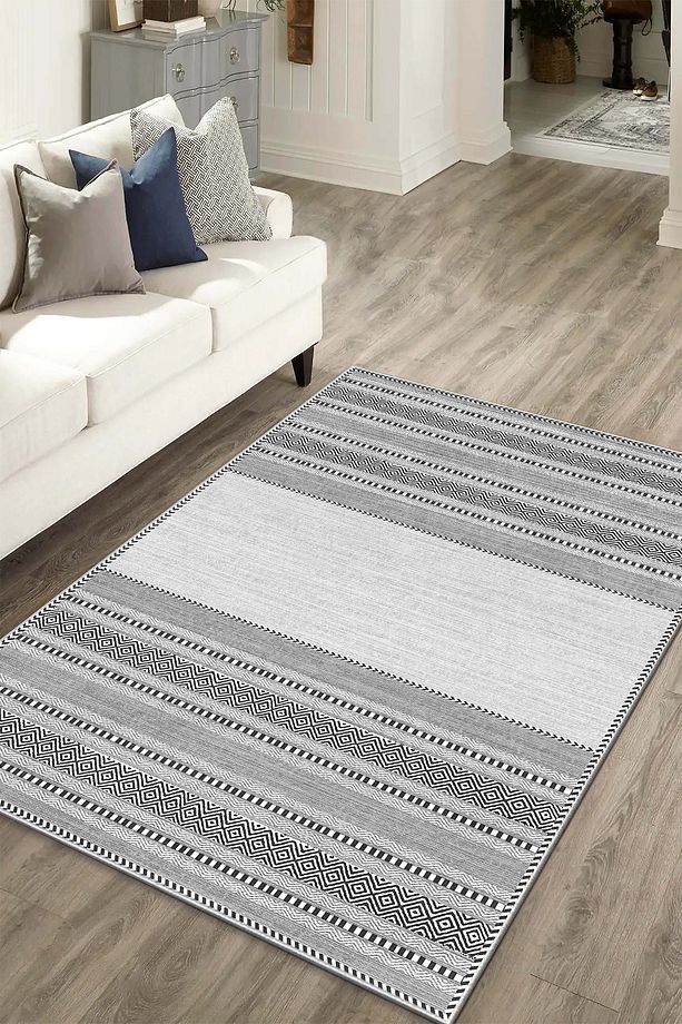 Makinede Yıkanabilir Kaymaz Taban Leke Tutmaz Gri Salon Halısı ve Yolluk - 1