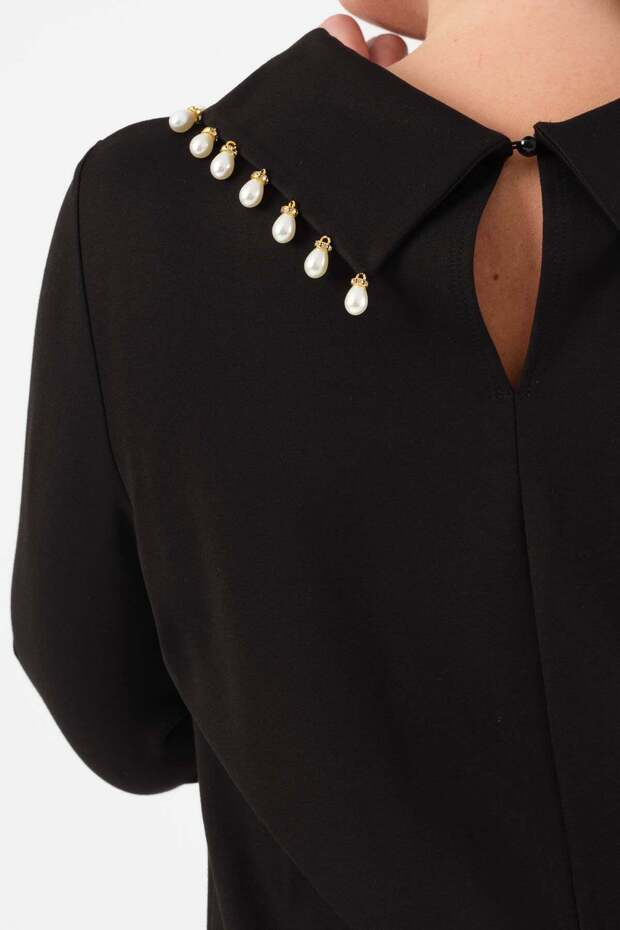 Devrik Yaka İnci Detaylı Elbise - Siyah - 6