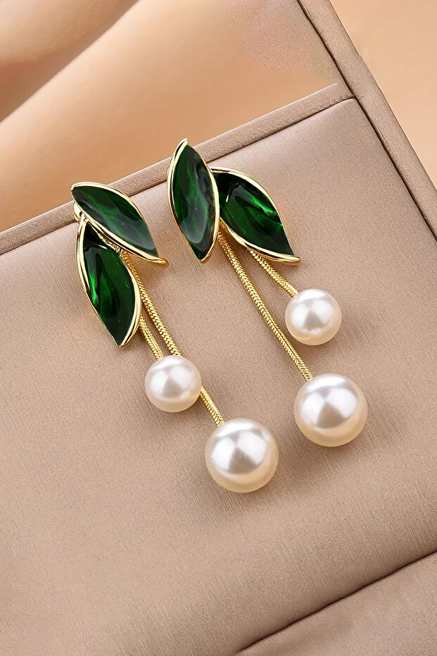 Green Enamel Leaf Detailed Pearl Dangle Gold Color Women's Earrings