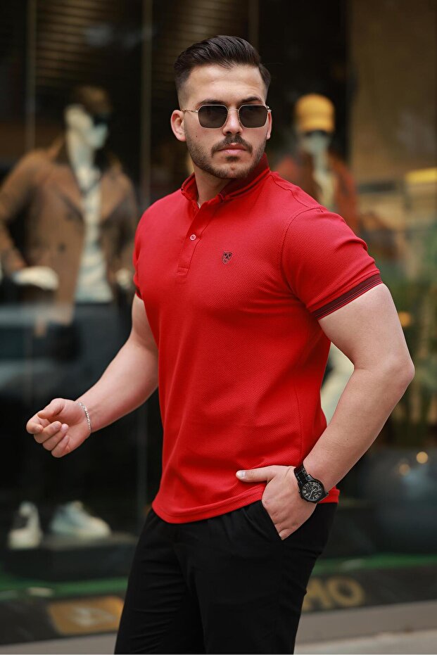 Red Logo Embroidered Polo Neck Short Sleeve T-Shirt -2518