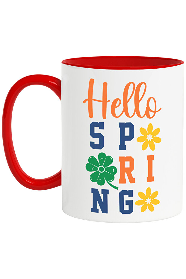 Popcorn mug with the message "Hello, spring" - good spring with Red Handle, With Handle, STG - 1