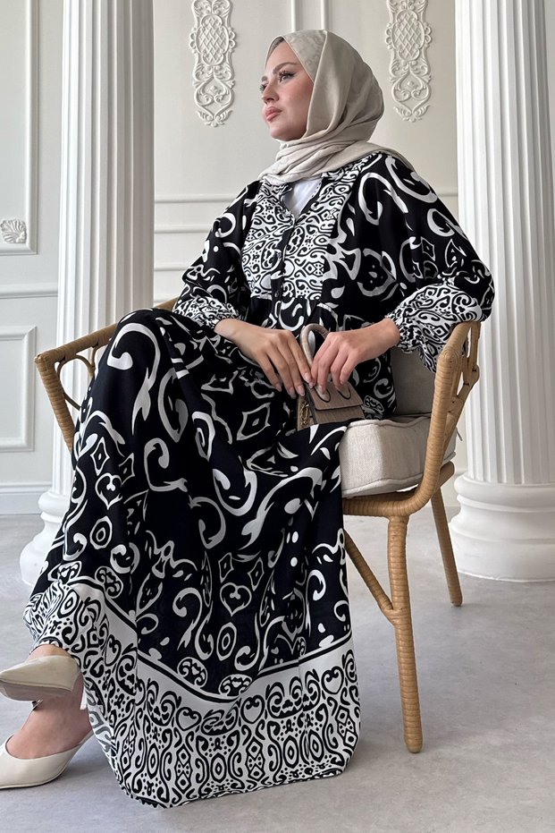 Curved Spiral Pattern Black Viscose Dress