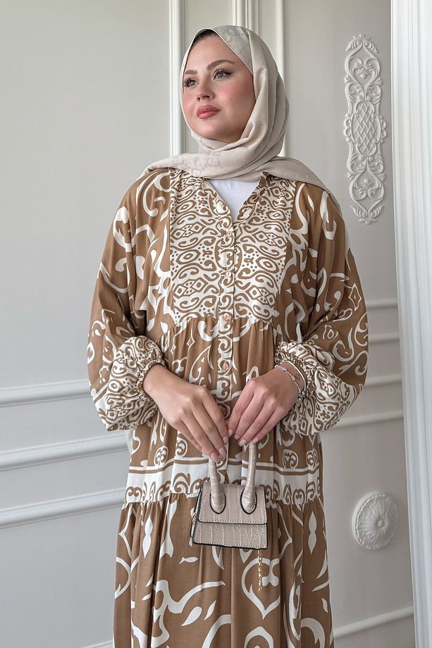 Kıvrımlı Sarmal Desen Camel Viskon Elbise - 3