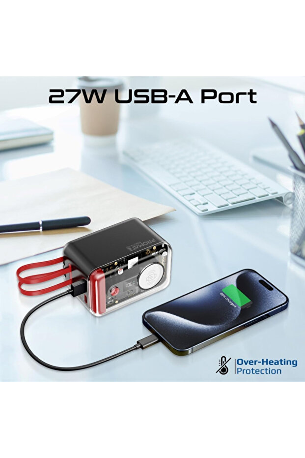 بنك طاقة شفاف 65 وات مع كابل USB-C و Lightning مدمج - 20000 مللي أمبير في الساعة - أحمر - 8