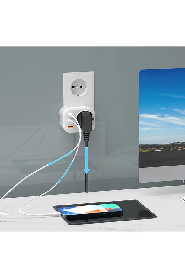 USB Type-C Priz Dönüştürücü Şarj Adaptörü Priz - 2 USB - 1 Type-C Girişli Çoklu Fiş - 5